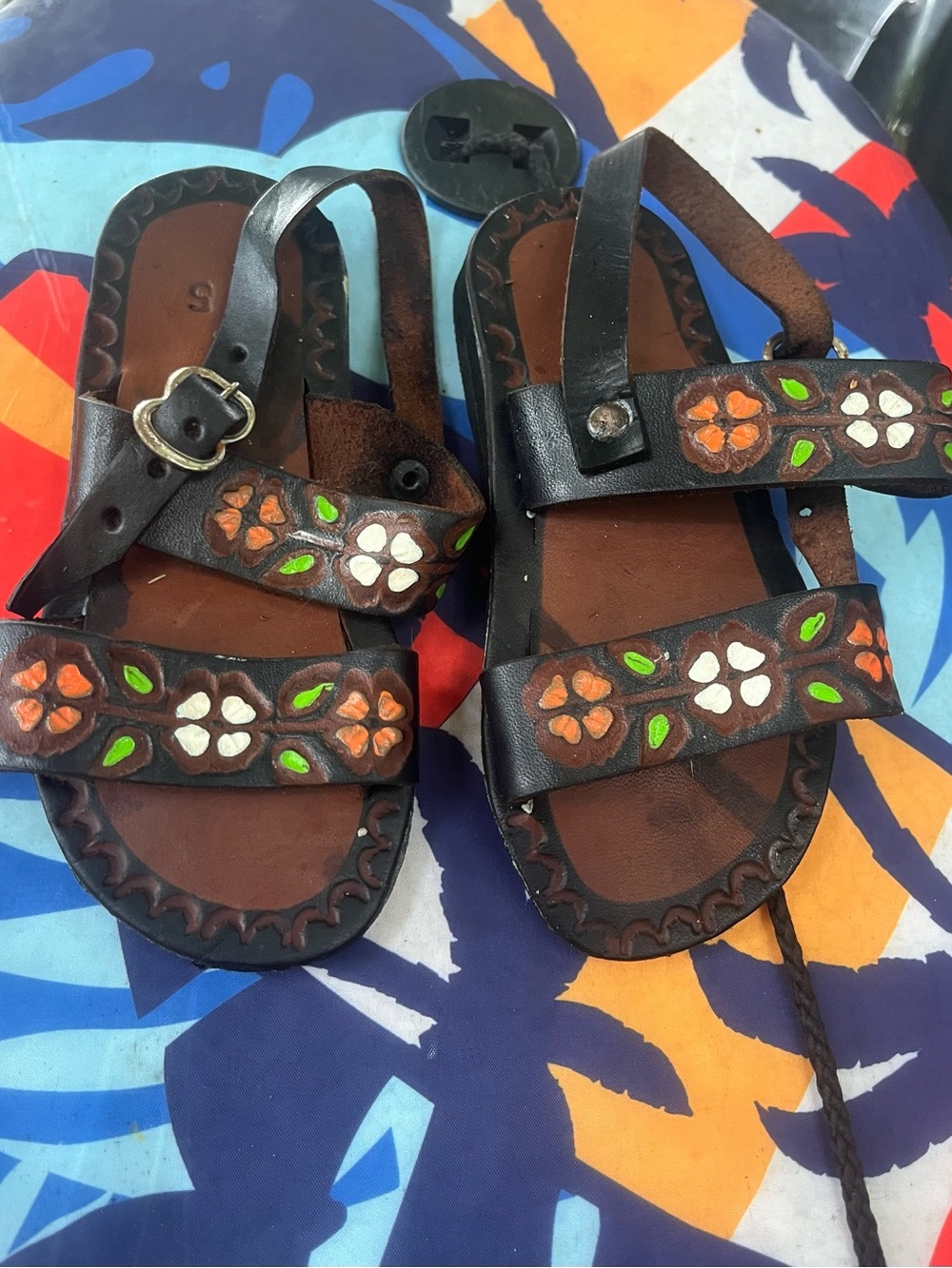 Hand-Painted Floral Leather Kids Sandals - Brown & Black